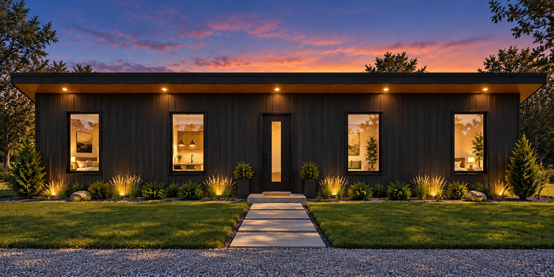 Illustrative RJM home at dusk, with a level roofline, four warmly lit windows and a welcoming front door