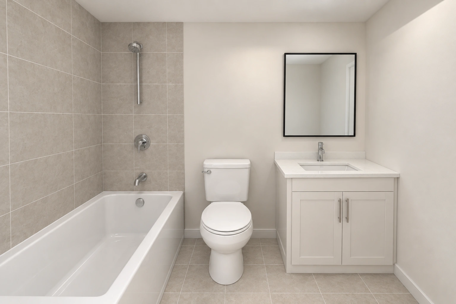A restful bathroom with a wood-tone vanity and soft neutral finishes