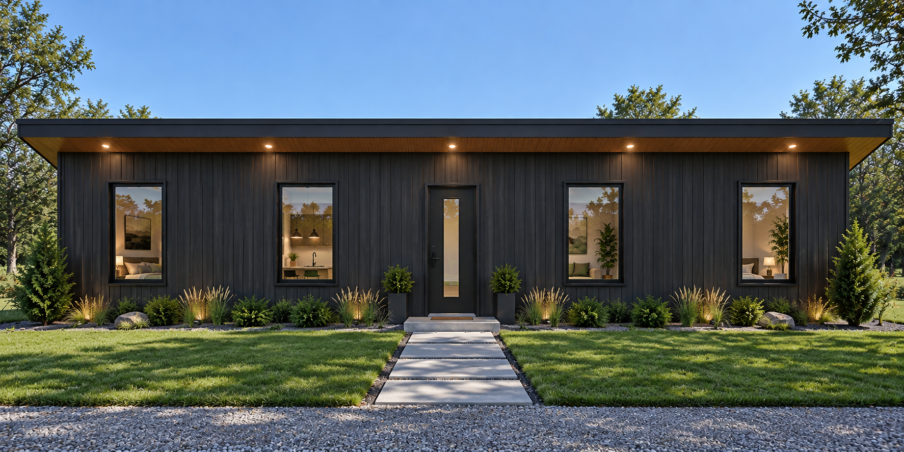 An RJM home with four tall windows, a welcoming front door and a garden in the sunlight