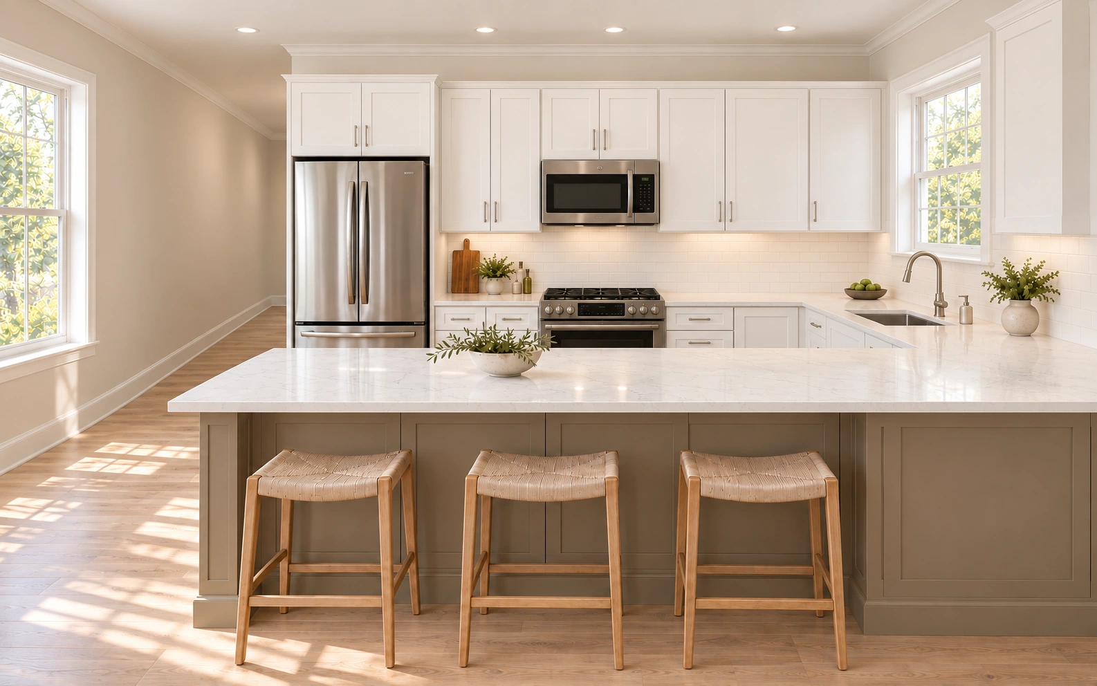 A warm, light-filled kitchen with breakfast-bar seating